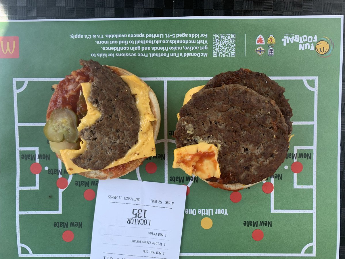 datachump's tweet photo. This was a brand new, untouched by me triple cheeseburger . only 2 full patties &amp; a 3rd that was half eaten , wrapped &amp; sent out. you have to be kidding me?! apparently you’ll get back to me in 5-7 days?! @McDonaldsUK #mcdonalds #disgusting #customerexperience https://t.co/LBuHwDnN0H