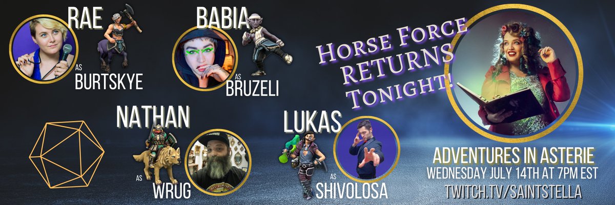 saint_stella's tweet photo. TONIGHT! I am PUMPED to play the conclusion of #horseforce in the mysterious town of Dwillim and find out who our adventurers will trust. Come join us in chat and cheer on the party! 7pm EST on https://t.co/pqhVbpteFa
#ttrpgsolidarity #dnd
@babia_majora @MysteryArts @RLockdust https://t.co/ECQviR85U2