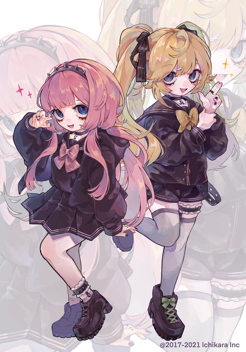 2girls multiple girls pink hair blue eyes thighhighs blonde hair twintails  illustration images