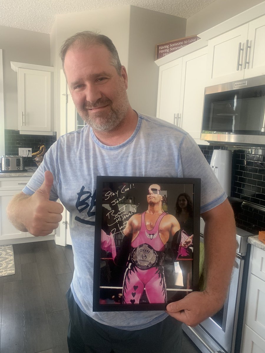 Anniversary gift for the win! 🙌🏼Thanks <a href="/SilverFoxTalks/">Kelly Remple</a> for hooking me up with an autographed pic of John’s all time fav wrestler! <a href="/BretHart/">Bret Hart</a> 💙