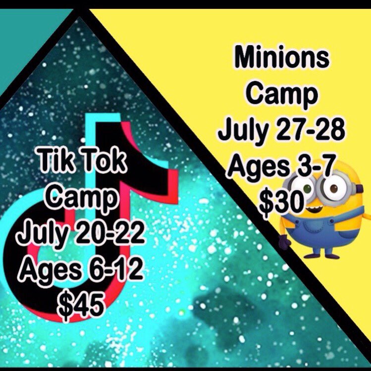 SDA_Dance's tweet photo. Join us for our next two summer camps! Tik Tok Camp next Tuesday-Thursday from 5:45-7:00 each evening and Minions Camp July 27-28 from 5:00-6:00. Register online at https://t.co/jsL4JNUDYu or email sdamisty@hotmail.com. https://t.co/jQ3zwybPLO
