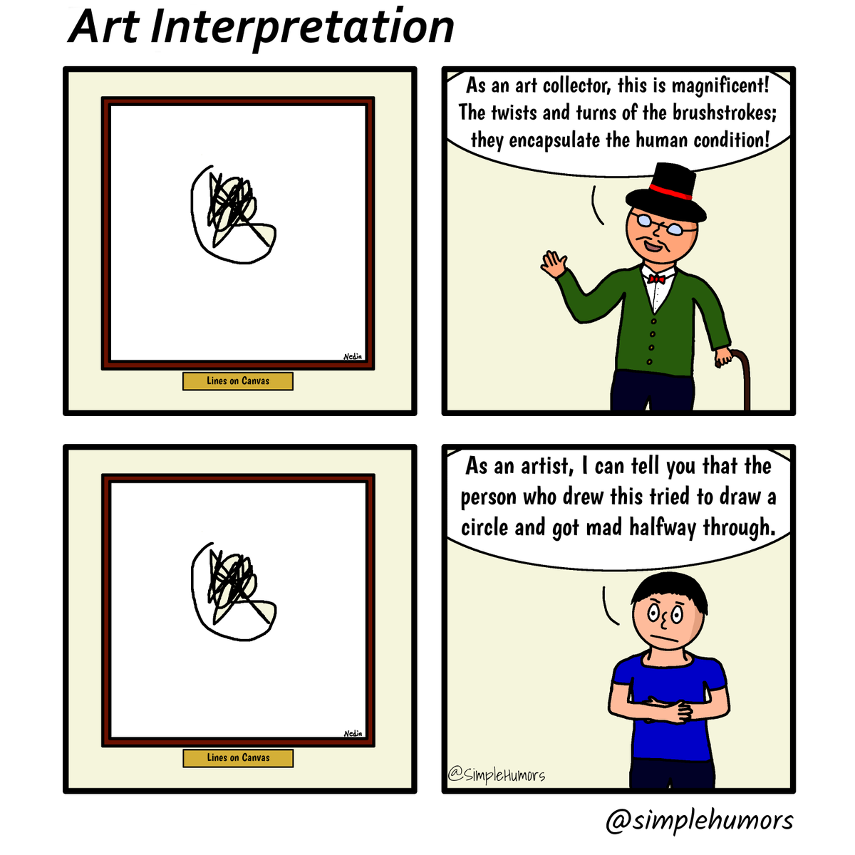 SimpleHumors's tweet photo. I've begun seeing artworks differently when I started on the path of being an artist. Does anyone else feel that way? 😂

#art #cartoon #comics #drawing #humor #simple #SimpleHumors #webcomic #webcomics #originalcomic #modernart #meaning #perspective #artistperspective https://t.co/Fei6lCJyk9