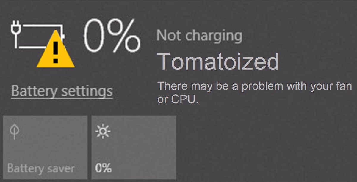 luhmebebe's tweet image. had a dream about a horror game but the thing that stuck in my mind the most is that the battery on the computer was dead but would turn on if it was plugged in and this was called "tomatoized". this is what the warning looked like