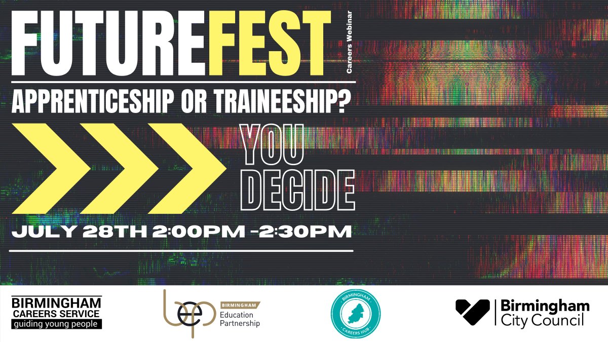 For any young people unsure about Apprenticeships &amp; Traineeships, we are hosting a short online session looking at the differences between the two, how they can benefit you, how to apply and much more. Join us on July 28th

Register now birminghamcareersservice.co.uk/future-fest/

#aheadofthegame