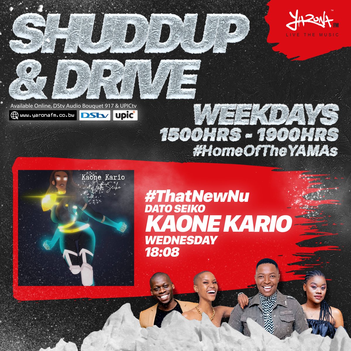 yaronafm's tweet photo. #HomeOfTheYAMAs
Holding it down on Shuddup and Drive is @swaythadj . He's rocking with @Limkokwing_BW on Creative Sparkle Season 7 with @BerryHeartPoet . 🎶🎵Chyna is talking about Body type, training and Nutritional guidelines on My Fitness Pal. 🔥 On #DatNunu @dato_seiko https://t.co/lBwVg0Dkwc