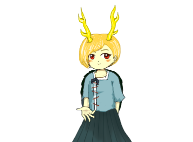 kicchou yachie 1girl antlers solo blonde hair short hair blue shirt horns  illustration images