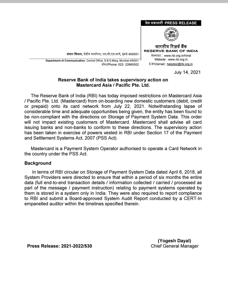 artijourno's tweet image. RBI bars Mastercard from onboarding new customers over local data storage issue. #datalocalization #fintech