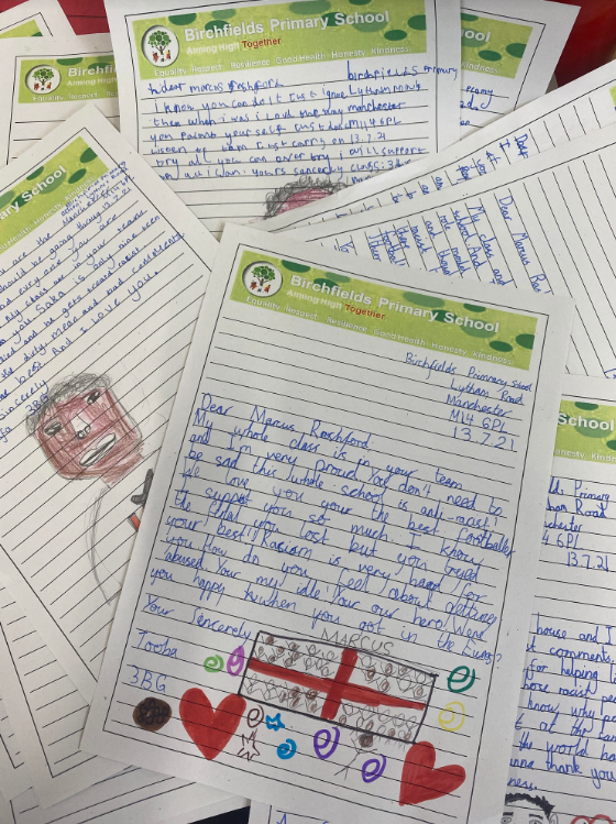 y3_bps's tweet photo. 3BG are very proud to be in Rasford House at our school. We have written letters to @MarcusRashford to tell him that we are so proud of him and that we stand by him because we are anti-racist. @BirchfieldsPS @mrsglackin @MrsCampbell1016  @MarcusRashford https://t.co/wAYNb3nQw0