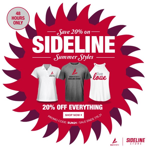Shop summer styles of your Sideline Store &amp; save 20% through 7/15!

Shop Now! sideline.bsnsports.com

#BSNSPORTS #SidelineStore #SpiritWear #FanWear #FanGear