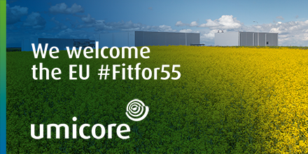 UmicoreGroup's tweet photo. We welcome the EU #Fitfor55. Umicore is well ahead of its industry aiming #netzeroghg emissions by 2035 and ready to contribute by powering the vehicles and technologies of the future and giving new life to used metals. #electromobility #circulareconomy https://t.co/OVZoJAkhTy