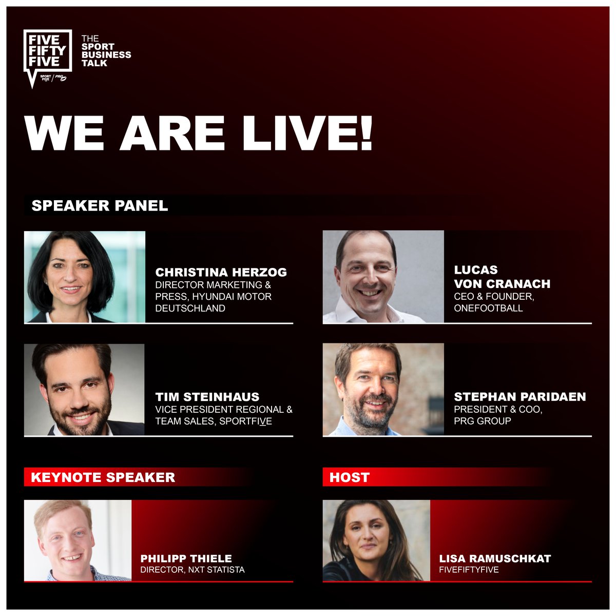 sportfiveagency's tweet photo. We are live: https://t.co/aySX9Efny8
The first episode of #FIVEFIFTYFIVE is now available! Tune in to hear Lucas von Cranach (OneFootball), Christina Herzog (Hyundai), Stephan Paridaen (PRG) and Tim Steinhaus (SPORTFIVE) discuss the European Football Benchmark.
#Victoryforall https://t.co/IRuB82nwEO