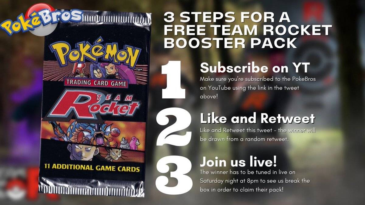 pokebros_tv's tweet photo. Who wants a free TEAM ROCKET booster pack in our box break?

1. Subscribe to our channel (https://t.co/vB9ZKlj5qB)
2. ❤️ + ♻️ this tweet
3. Join us live on Saturday at 8pm where we will reveal the winner.

And yes... that means we are now giving away a total of THREE packs. https://t.co/H3sXbrmW8k