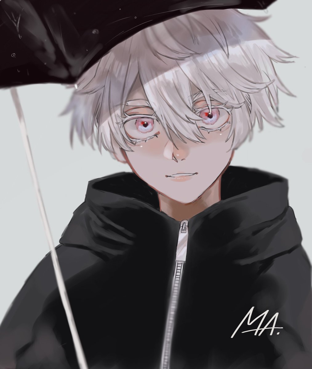 solo 1boy male focus holding umbrella white hair holding looking at viewer  illustration images