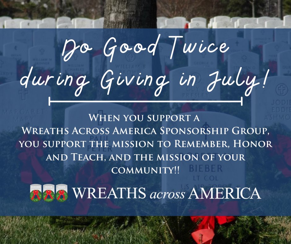 WreathsAcross's tweet photo. We are two weeks into our 2021 #GivingInJuly campaign! Have you sponsored a wreath through one of our local sponsorship groups?
Learn more and do good, twice!
https://t.co/49hM79NSDc https://t.co/sQm6xfGRAn