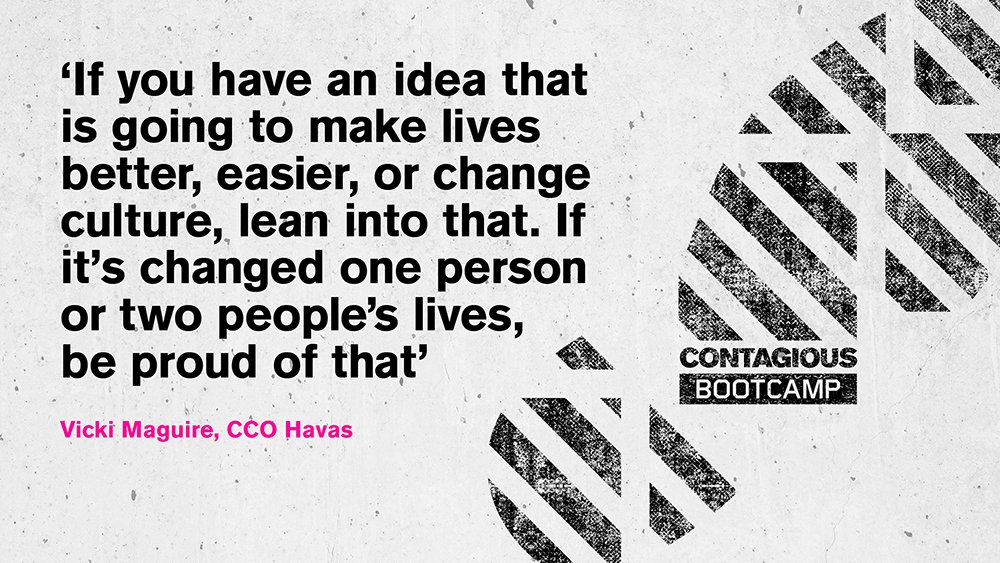 contagious's tweet photo. Senior strategist Becca Peel takes to the virtual stage to explore the Cannes Lions-awarded work that aims to advance diversity and inclusion through real and tangible impact, kicking things off with this belter of a quote from @havas CCO @vickimaguire137...#ContagiousBootcamp https://t.co/BYUAgdaUc1