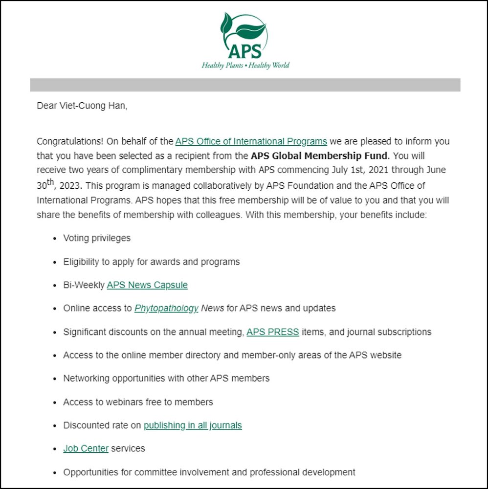 CuongVHan's tweet photo. Thanks to APS and APS Office of International Programs for selecting me as a recipient from the APS Global Membership Fund.
#plantdiseases #APS #apsnet https://t.co/UjwThk4bhf