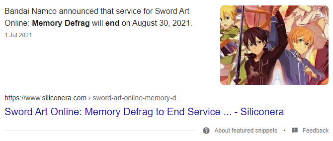 Kuroshi_Doran's tweet photo. "Bandai Namco announced that service for Sword Art Online: Memory Defrag will end on August 30, 2021."
This is just big sad for the SAO community. For that, I'm recording everything and to YouTube it goes. Stay Tuned!
#memorydefrag #sao #SwordArtOnline #anime #animegame #gaming https://t.co/Ivo7uSr8mS