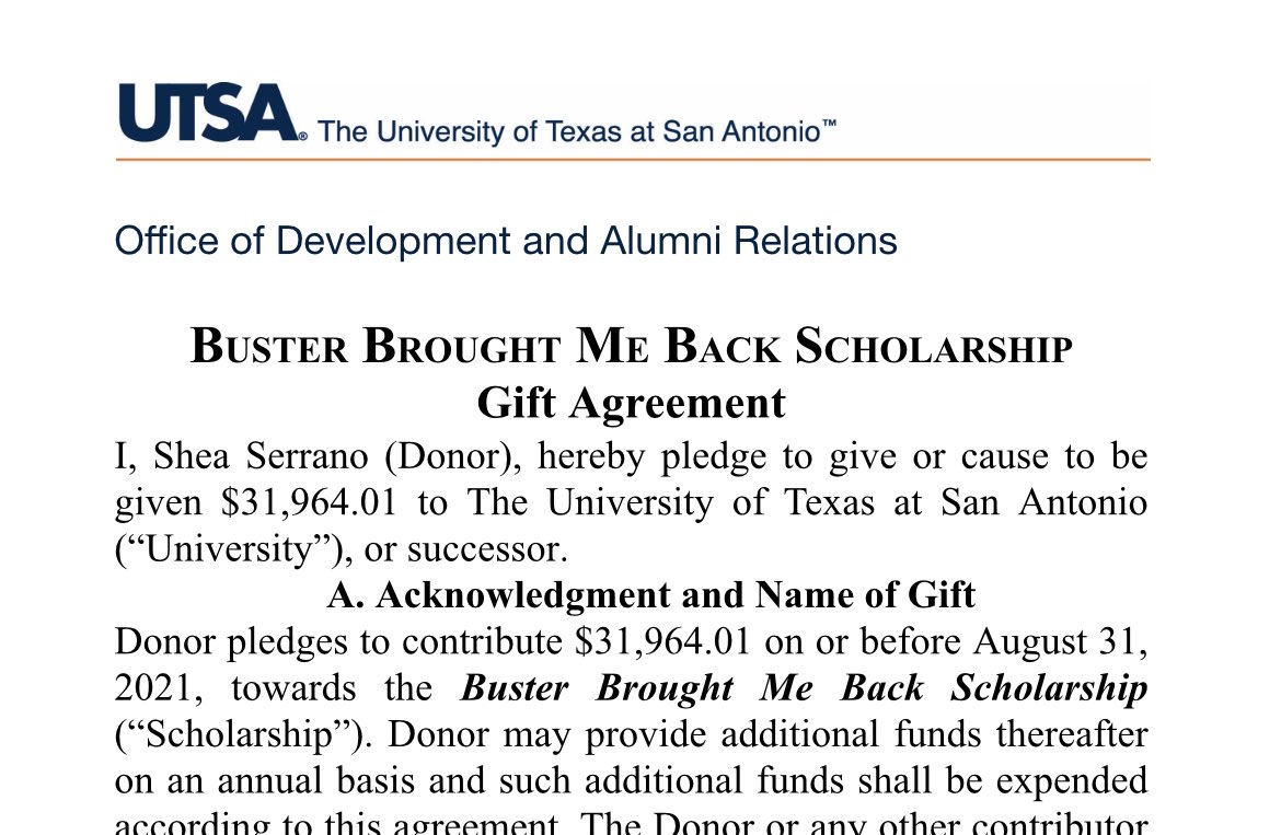 Shea Serrano on Twitter: "they really actually let me name it the BUSTER  BROUGHT ME BACK scholarship 😂😂😂😂 we paid off the whole senior year for  three students at UTSA and dedicated