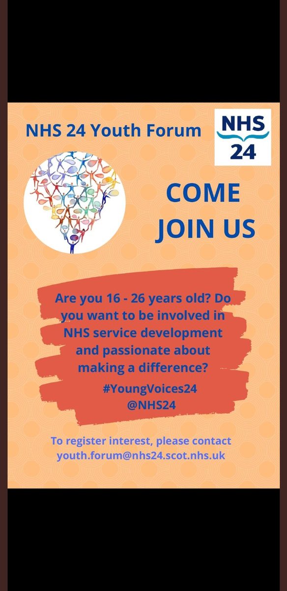 We would love to have you onboard our @NHS24 Youth Forum and hear your views on our services. If you are 16 to 26, please feel free to DM me or email youth.forum@nhs24.scot.nhs.uk #YoungVoices24