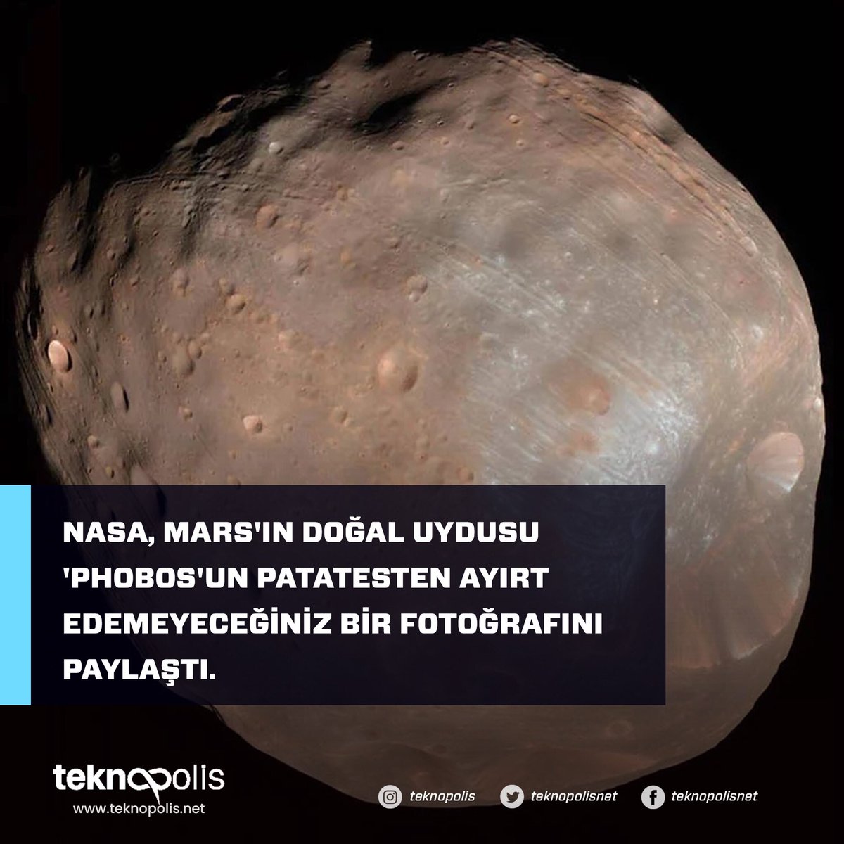 teknopolisnet's tweet photo. NASA, Instagram hesabında Mars'ın büyük uydusu olan "Phobos"un detaylı bir fotoğrafını paylaştı. Yaptığı paylaşımda insanların bu nesneye patates diyeceğini belirten kurum, kendilerininse buna "Mars Ay'ı" dediklerini ifade etti. https://t.co/WfUsxxYtrA