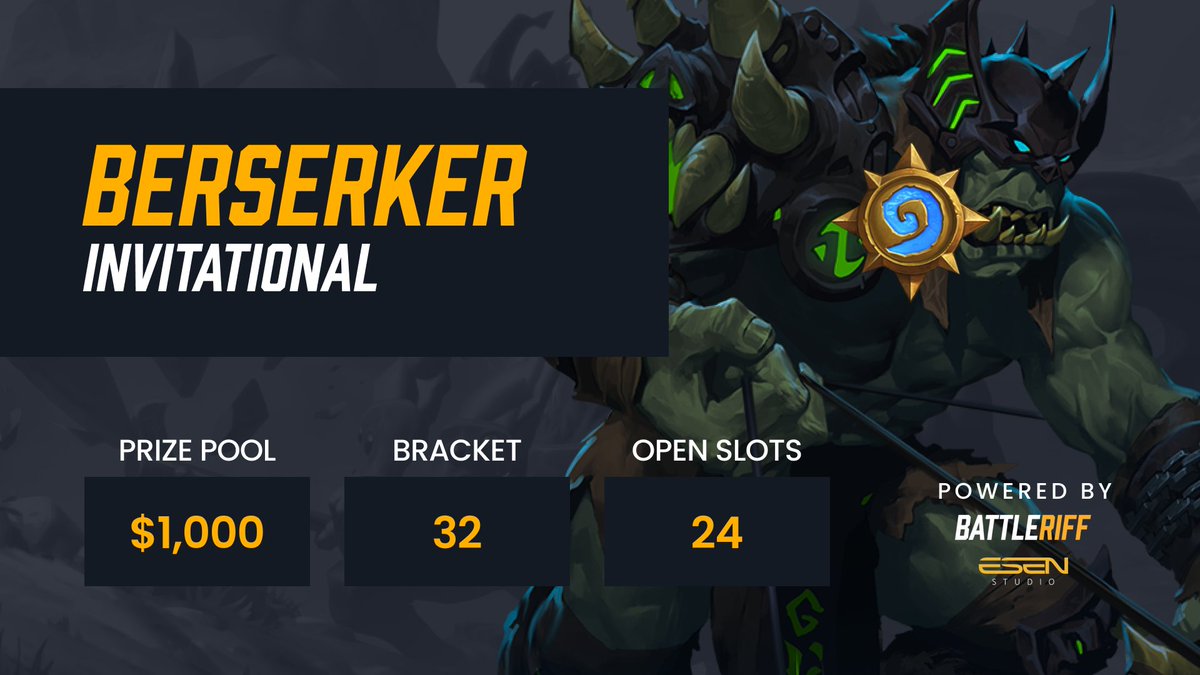 Battleriff's tweet photo. Ready for a challenge, berserker? We are hosting a $1,000 #Hearthstone Invitational Tournament with 24 open qualifier slots.

📅August 18th
💰$1,000
🔗https://t.co/UzqQ6I2qqr https://t.co/8PWYsYxi2d