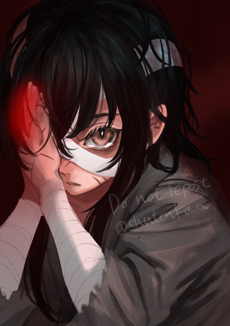 bandages solo black hair brown eyes 1girl looking at viewer red background  illustration images