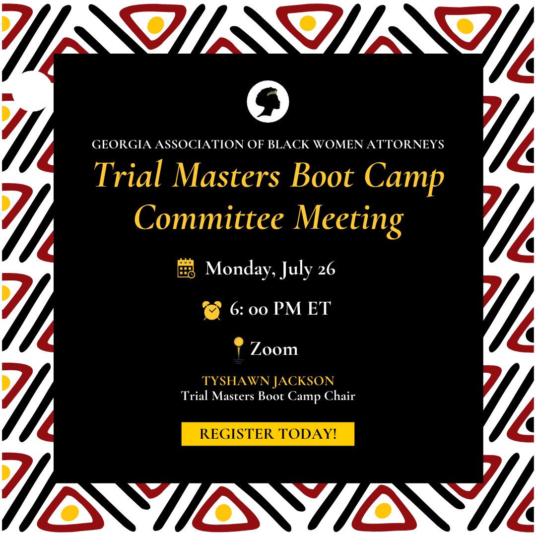 GABWAESQ's tweet photo. It's that time of year again! We are looking for new committee members to help us plan our amazing Trial Masters Boot Camp Series!
Please email TyshawnJackson12@gmail.com for the zoom link. https://t.co/l3bDEuNLFY