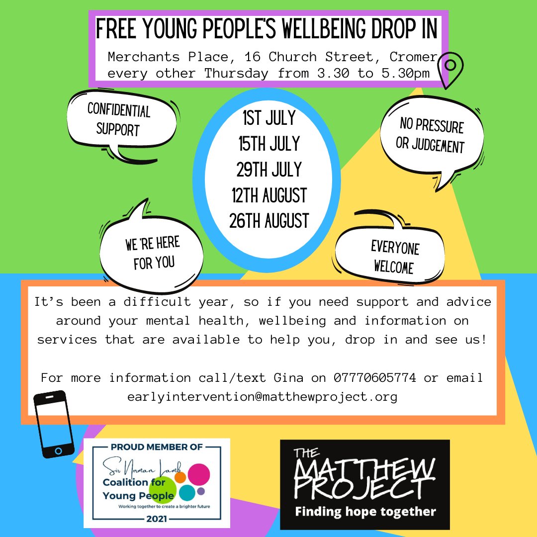😎A reminder to all teenagers and their parents, carers, teachers in the Cromer area: Our free Young People's Wellbeing Drop In is THIS THURSDAY at Merchants' Place, 3.30pm to 5.30pm
Please #share so we can support as many teens as possible🙏