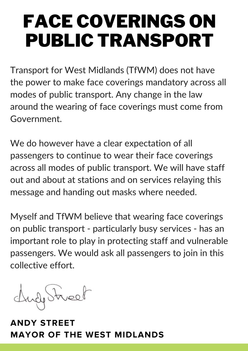 andy4wm's tweet photo. From Monday, we are expecting passengers on all modes of public transport across the West Midlands to continue to wear face coverings to protect staff and vulnerable passengers. 

Staff will be at stations and on services relaying this message and handing out masks where needed. https://t.co/PQUgCsdMi5