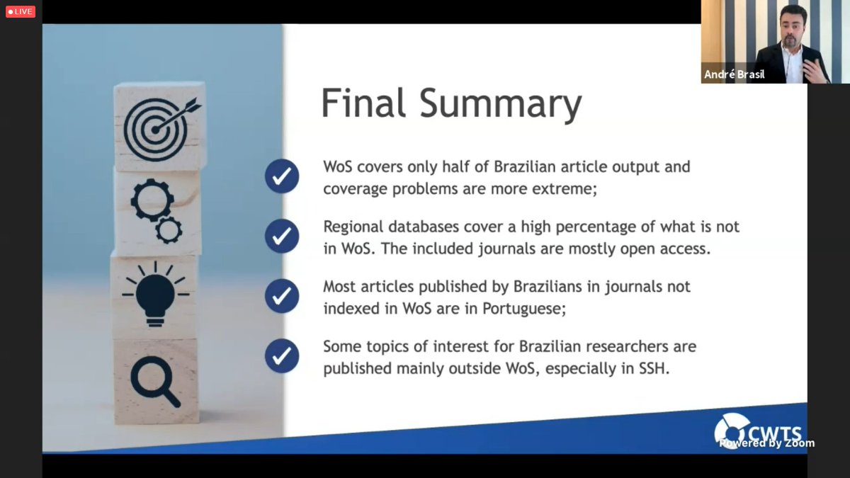 Great work presented by @andrebrasilbsb! How to combine the national bibliographic database (especially most of them are OA) with mainstream database like WoS is a challenging but must-do task for many non-native English-speaking countries when conducting evaluation. #issi2021