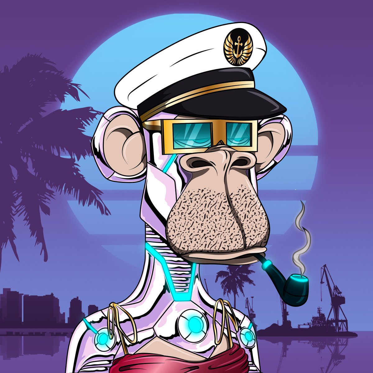 My beloved ape #4810 keeps stacking derivatives. <a href="/kyokill_/">Kyokill</a> delivered with great level of detail and and amazing creative direction. This ape is taking over Vice City nightlife. From death bot to chorme bot, #4810 you've just been Kyokilled. Thanks for creating this beauty Kurtis!