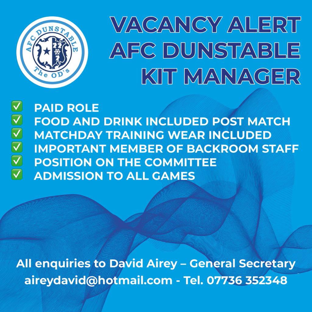 AFCDunstable's tweet image. 🔵⚪️ Club Vacancy ⚪️🔵

We are on the look out for an important member of our backroom team. 

Paid Kit Manager role

See below for more details

#NonLeague #KitManager #football @Love_non_league @NonLeagueRTs 

👇🏼👇🏼👇🏼👇🏼👇🏼👇🏼