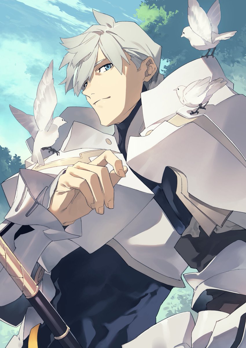 1boy male focus armor bird blue eyes solo weapon  illustration images