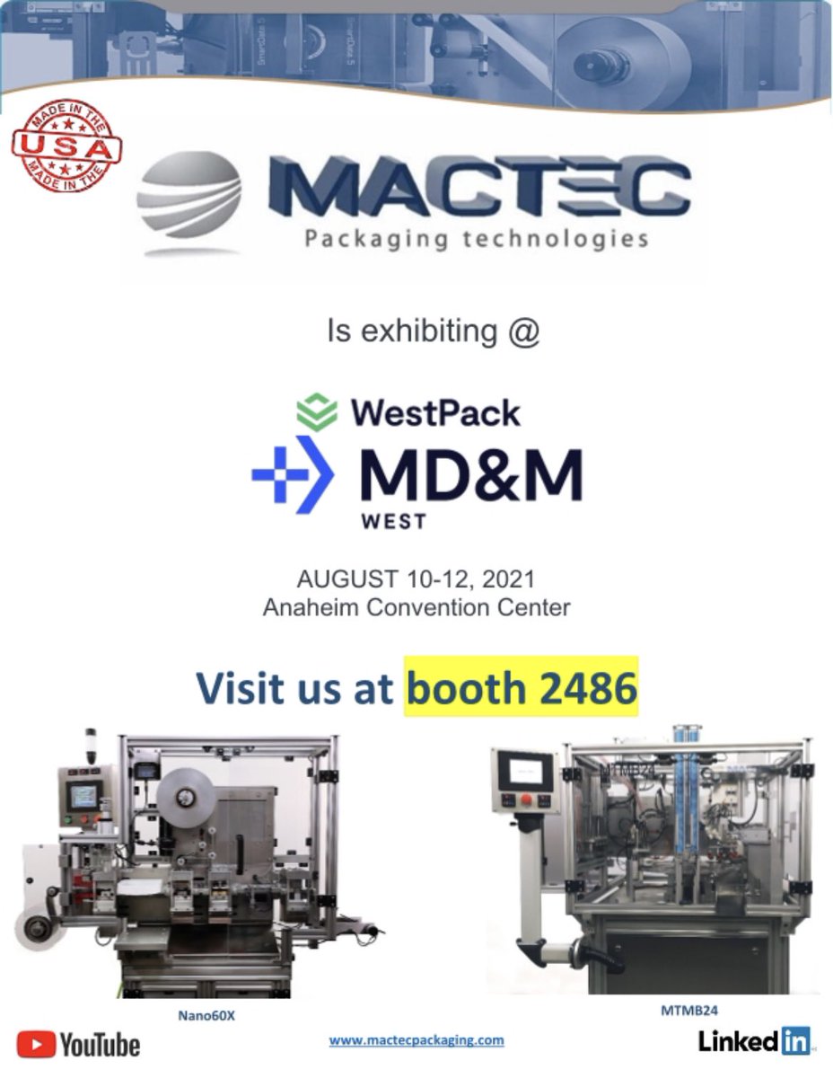 MactecPackaging's tweet photo. Come by and check us out at #mdmwest in Anaheim - booth 2486
If you'd like to schedule a one on one with us at the show reach out to sales@mactecpackaging.com
#blisterpackaging #medicaldevice #packagingsolutions #packagingequipment #pharmaceuticalpackaging #unitdosepackaging https://t.co/2eSC7h6QQ2