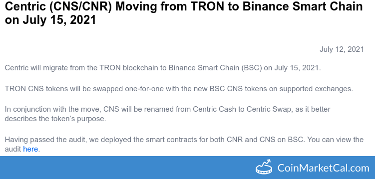 cmcal_bot's tweet photo. 🆕 New Centric $CNS event! 
 
15 July 2021 
BSC Integration  
 
Source: https://t.co/RTEaczvB1y https://t.co/RDjAkbEswR