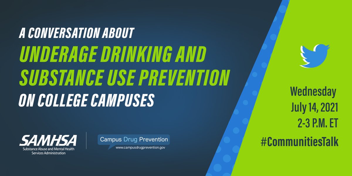 samhsagov's tweet photo. 📅 HAPPENING TODAY | ⏰ 2PM ET

Join SAMHSA &amp; @DEAHQ Campus Drug Prevention for a chat 💬 about #UnderageDrinking and substance misuse prevention on college campuses 🏫 

We'll share prevention resources and tools that have helped campuses around 🇺🇸 #CommunitiesTalk #DEAcampus https://t.co/Ce4t6C2a9a