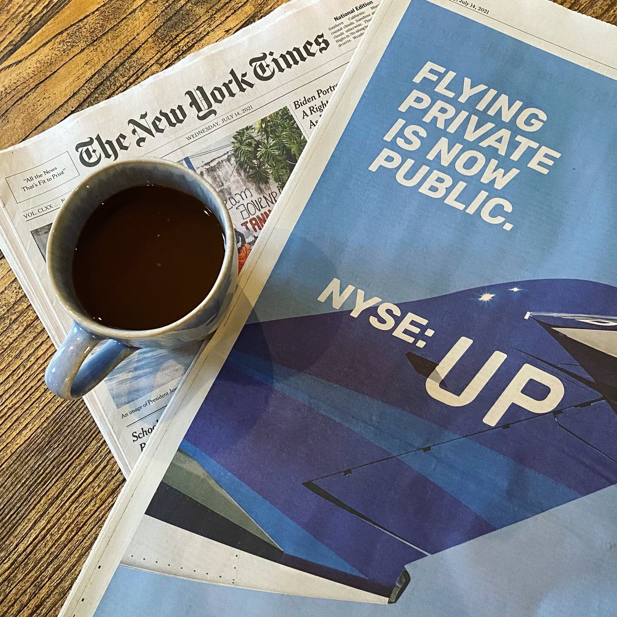 Morning wake $UP. We are now the first private aviation company to be listed on the @NYSE. Learn more - prn.to/3yTfhYn #NYSEUP #wheelsup