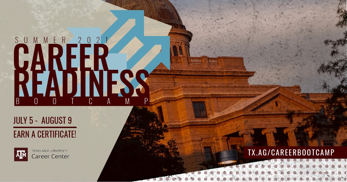 Want to be prepared for the Fall recruiting season? Participate in our Summer 2021 Career Readiness Bootcamp badge program! 

Get started now and earn your badge at tx.ag/careerbootcamp

#HireAggies #CareerReadiness #TAMU #TAMU21 #TAMU22 #TAMU23 #TAMU24