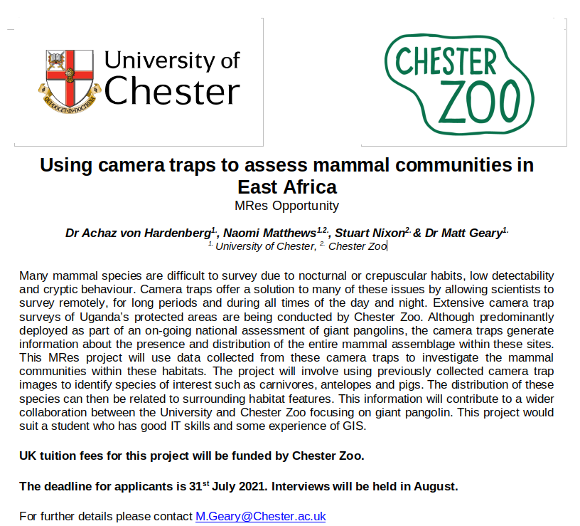 MRes project available on 'Using camera traps to assess mammal communities in East Africa'. Fees for UK student paid by <a href="/ScienceatCZ/">Chester Zoo Science</a>. 

Deadline for applications 31st July. Interviews will be held in August.

More details on the MRes programme www1.chester.ac.uk/study/postgrad…