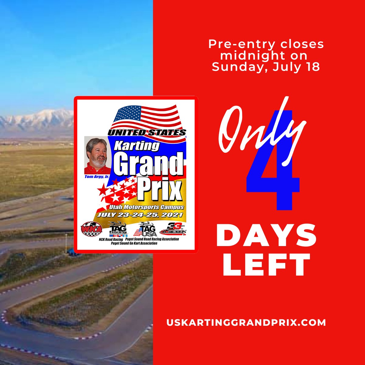 WKA_Karting's tweet photo. Only 4 days left to pre-enter the inaugural United States Karting Grand Prix!
Pre-entry will close at midnight on Sunday, July 18.
Find Registration, Regulations, Hotels and all event information at https://t.co/9UEibNxw18
#USKGP https://t.co/7YZJOUMG2S