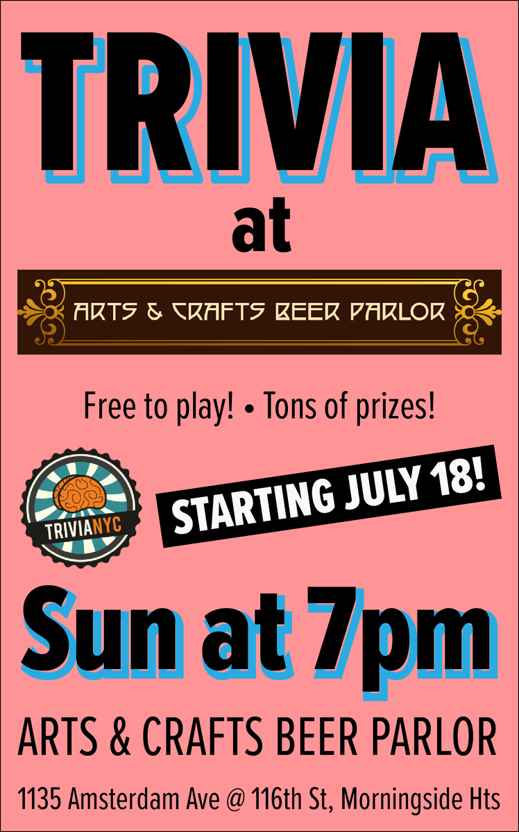 ACBeerMH's tweet photo. TRIVIA NIGHT IS BACK!!! Starting this Sunday, July 18th at 7pm. Great prizes &amp; the first place team gets 1/2 off their entire bar tab! Winners get to sign the cup... it's a big deal.
.
.
.
 
#justenjoy #acbpmh #craftbeer #trivia #Columbiauniversity #morningsideheights #nyc https://t.co/4CvjHS0lrb