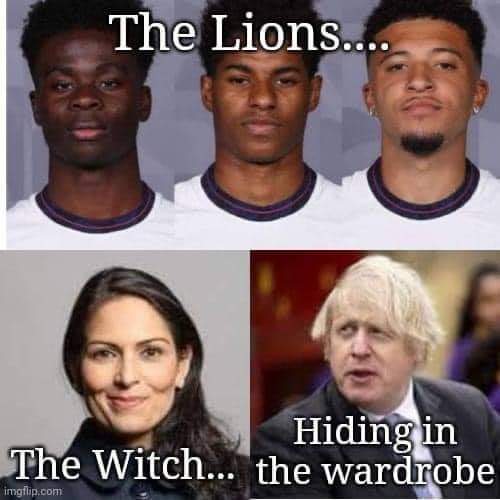 I think this is more... 

The Lions, The Witch and The Xenophobe. 

Featuring Johnson, Patel & our heroes #RashfordSanchoSaka