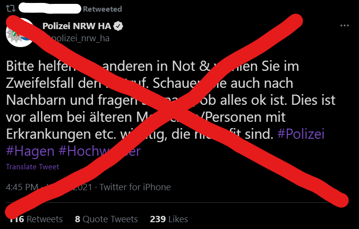Screenshot des polizei Tweets: bitte helfen sie anderen in not & wählen sie im zweifelsfall den notruf... #polizei #hagen #hochwasser