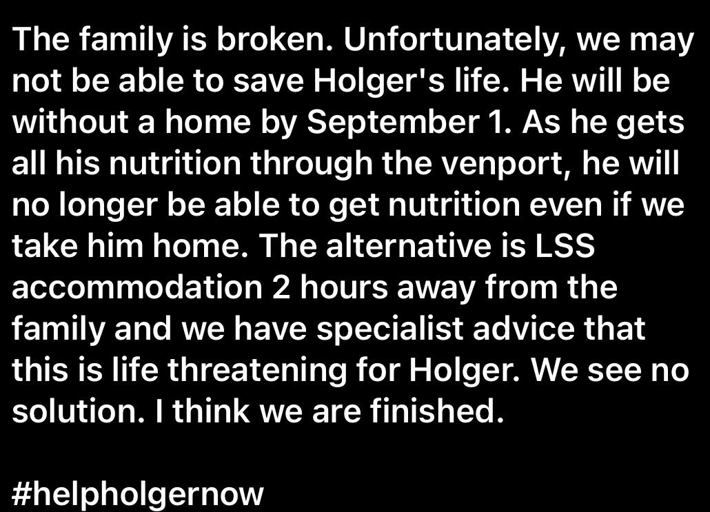 claudespu's tweet photo. »The family is broken. Unfortunately, we may not be able to save Holger's life. He will be without a home by Sept. 1.«

We live in the year 2021! 
This can't be true, it's heartbreaking. 

How to help @HelpHolgerNow 😔?

#MEAwarenessHour #MECFS 

👉 https://t.co/PnmxzEAkVQ https://t.co/NuGJ4iJd9c