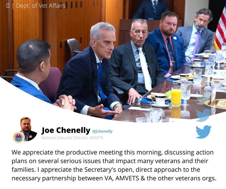 "Highly productive meeting this morning with <a href="/SecVetAffairs/">VA Secretary Doug Collins</a> McDonough. Great to be working together in person, again. Lots of important issues right now."

🗣📲 <a href="/jchenelly/">Joe Chenelly 🇺🇸</a>