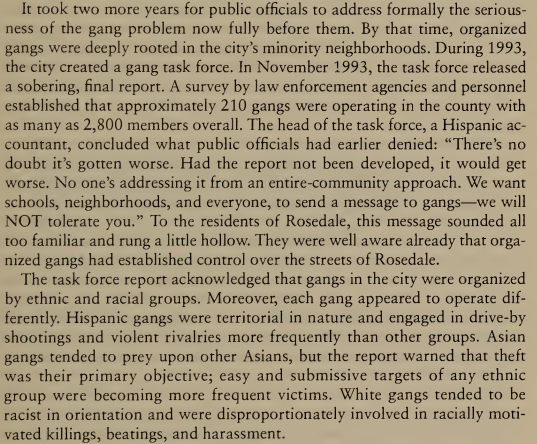 mass influx of drugs like crack gave an impetus for more organization among gangs, creating a parallel market for crimes like robbery, rape, murder, which were now increasingly related to gang activity. this is like documenting how maggots form on a corpse shortly after death.