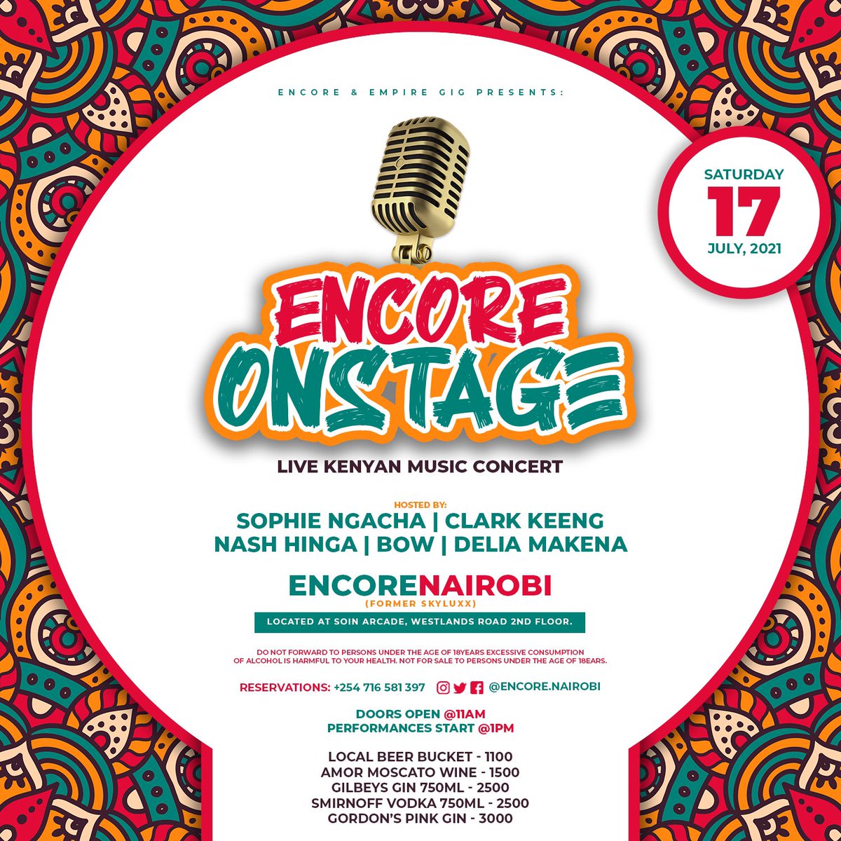 AmorEntEvents's tweet photo. Introducing the New Crop of Kenyan Talent...
#ENCOREONSTAGE
This Saturday July 17th at Encore Nairobi
Soin Arcade 2nd Floor
Westlands Road, Westlands
Doors Open 11am https://t.co/vN7Y1eg8Ld