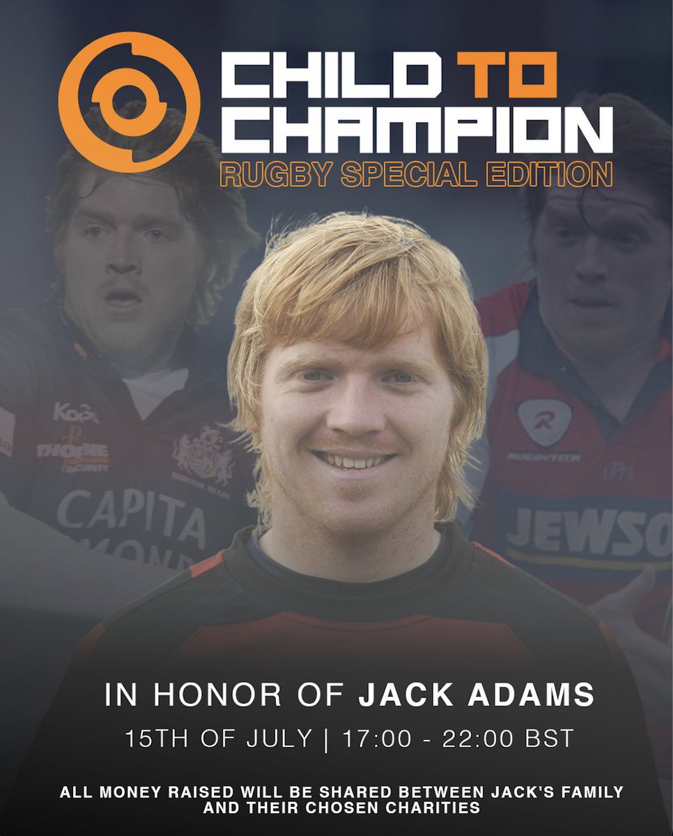 (1/2) 🏉Our #ChildToChampion Rugby Special Edition in honour of <a href="/JackGhostAdams/">Jack Adams</a> is TODAY at 5pm!

🗣We'll be joined by a host of special guests:

<a href="/James14Bailey/">James Bailey</a> <a href="/n1ckwood/">Nick Wood</a> <a href="/AndyGomarsall/">Andy Gomarsall</a> <a href="/MikeYoung/">Mike Young, PhD</a> <a href="/Minion_Kev1/">Kev Mannion</a> <a href="/jamesbaker_8/">James Baker</a> <a href="/athlete_academy/">Ed Archer/Athlete Academy</a> <a href="/ThomasGreen_1/">Thomas Green</a>