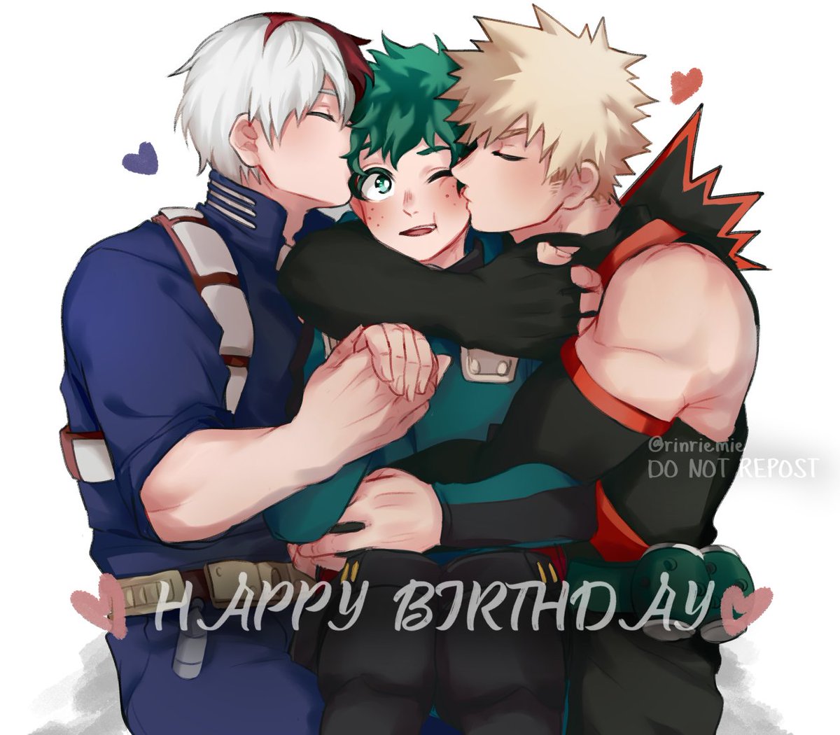 bakugou katsuki ,midoriya izuku ,todoroki shouto male focus 3boys freckles multiple boys blonde hair green hair red hair  illustration images