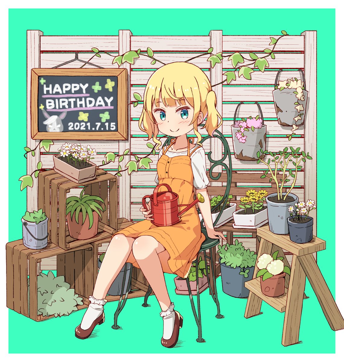 kirima syaro 1girl blonde hair solo plant smile sitting potted plant  illustration images